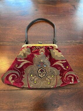 Y2K Bebe Brocade Velvet Kiss Lock Handbag Rhinestone Tapestry Evening Purse